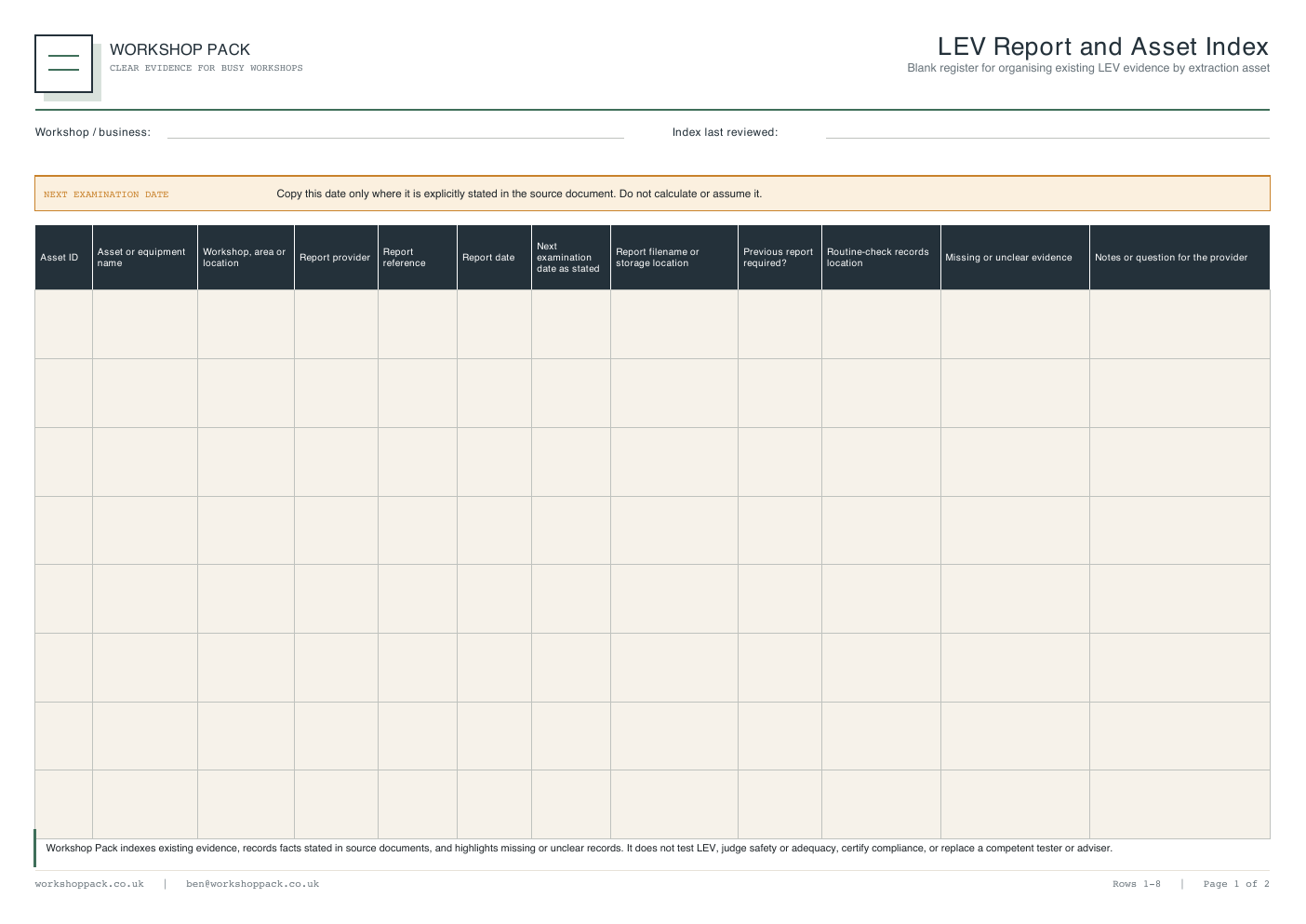 Preview of the free LEV asset register