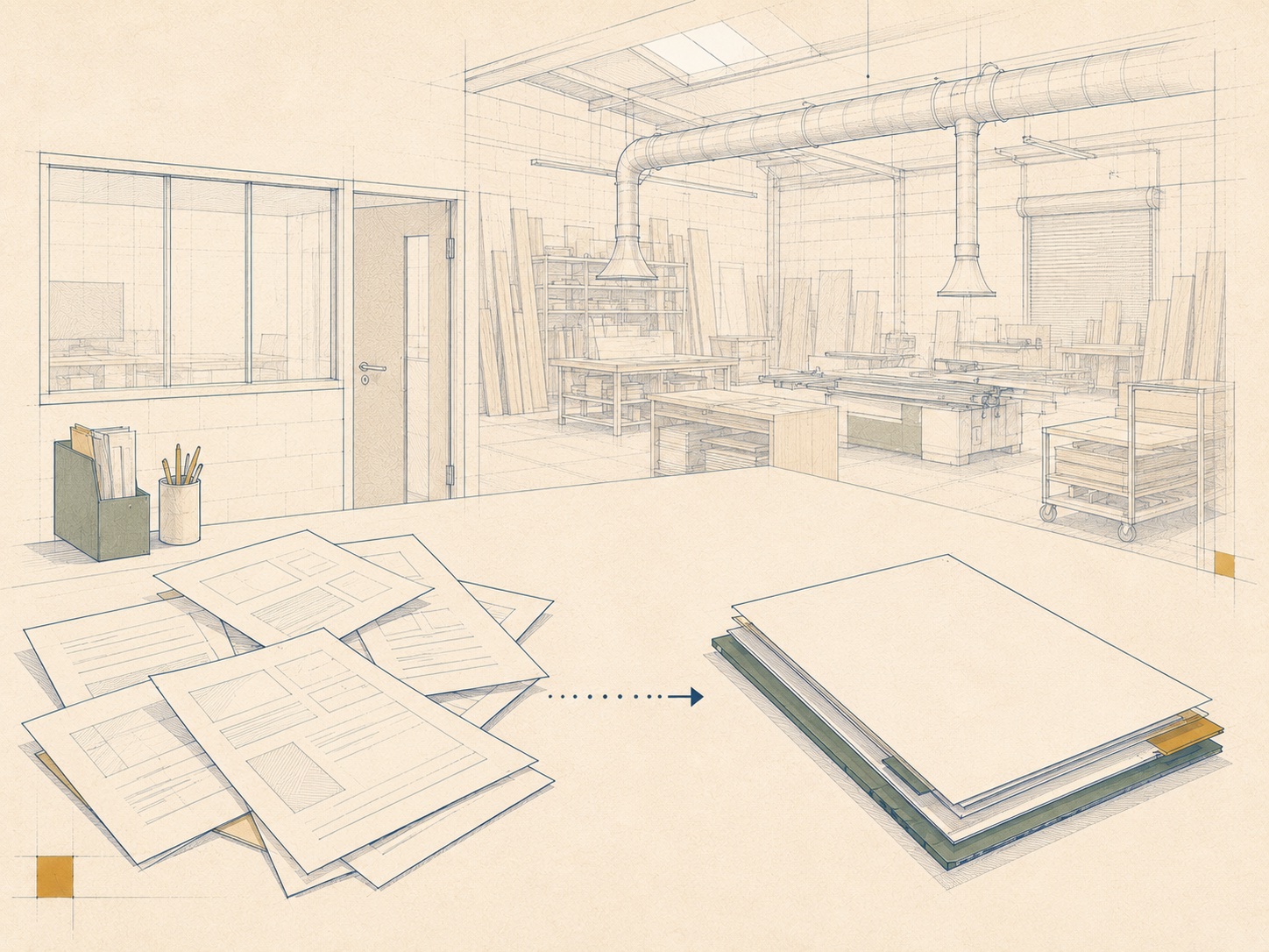 Blueprint-style workshop illustration showing scattered records becoming an organised pack